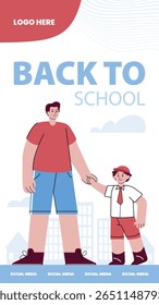 Indonesian parents taking their elementary school child to school, wearing a red and white uniform, in social media story size design