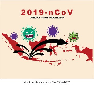 Indonesian pathogen respiratory coronavirus 2019-ncov flu spreading map. Indonesian map, arrows, floating influenza virus cells. 