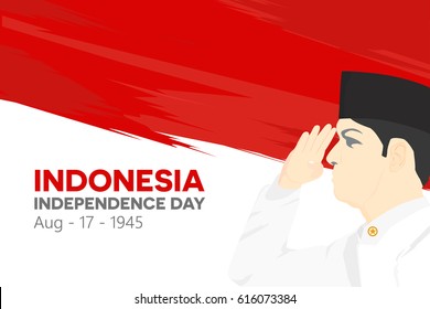 Indonesian Patriot giving Salute to red and white Indonesia nationality flag, independence day