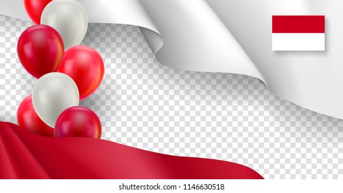 Indonesian patriotic template with copy space. Realistic waving indonesian flag and colorful helium balloons on transparent background. Independence and freedom, democracy and patriotism vector banner