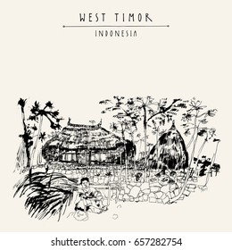 Indonesian peasant taking rest under papaya trees at his farm in Soe village, West Timor, Indonesia. Traditional thatch houses. Countryside travel sketch with a lopo house. Hand drawn postcard. Vector