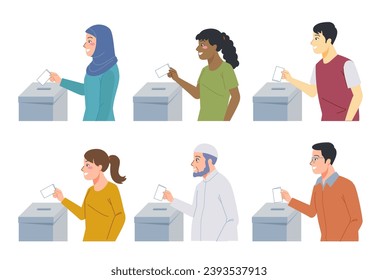 
Indonesian people of various races, ethnicities and ages are putting ballot papers into ballot boxes