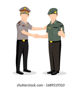 Indonesian police and military army, successful handshake in working together, vector illustration