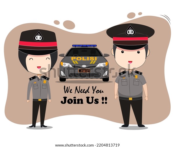 Indonesian police\
officer cartoon vector for commercial advertisement. Translation on\
car text \