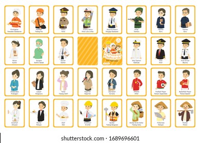 Indonesian Profession Bilingual Flashcards Vector Set. Printable Profession Flashcard For Kids. English Indonesian Language.