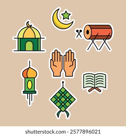 Indonesian Ramadan icon collection. Moon and star, lantern, ketupat, Quran, hand, and mosque design set.