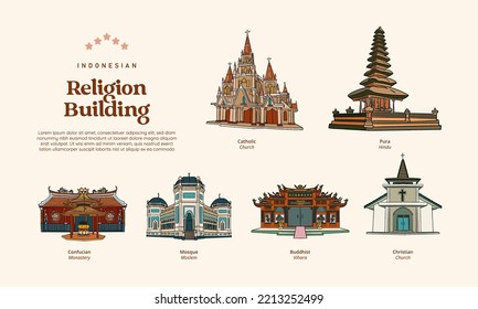 indonesian religion building hand drawn illustration. Isolated illustration of various religion building