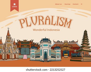 Indonesian Religion Building Hand Drawn Illustration. Pluralism Illustration Idea