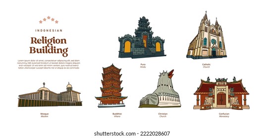 ilustración de la construcción de la religión indonesia a mano. Mezquita, Pura, Iglesia, Edificio Vihara y Monasterio.