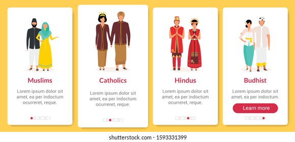 Indonesian religion onboarding mobile app screen vector template. Muslims, catholics, hindus, buddhist. Walkthrough website steps with flat characters. UX, UI, GUI smartphone cartoon interface concept