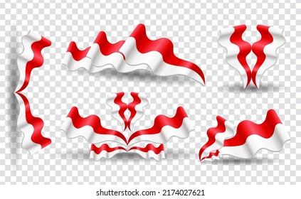 Indonesian ribbon flag set collection, flag design elements. 3d on a transparent background. Premium Vector flag illustration