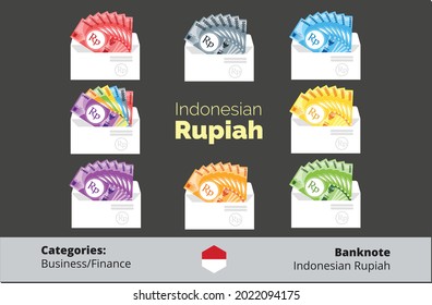 Indonesian Rupiah All Banknotes Money in Individual envelope vector.Indonesian Rupiah Banknotes money vector template, good for landing page, infographic, web, social media post or other digital.