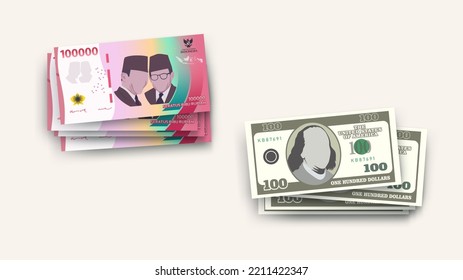 Indonesian rupiah banknotes and US dollar banknotes