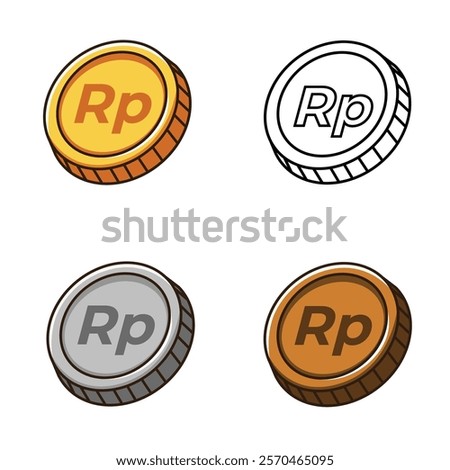 Indonesian Rupiah coin vector illustration in gold, silver, and bronze colors, with outline version