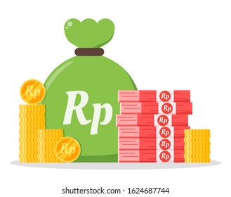 Indonesian Rupiah money bundle and coin stack sack bag vector icon logo and design. Indonesia currency business, payment and finance element. Can be used for web, mobile, infographic & print.