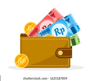 Indonesian Rupiah Money and Coin in a wallet vector illustration flat design. Indonesia Payment and finance element.  Can be used for web and mobile, infographic and print.