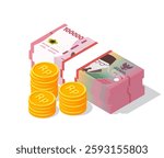 Indonesian rupiah. Stack of cash money : paper banknote and golden coin. 3D isometric illustration. Isolated vector for banner, poster, presentation, infographic, website, apps, maps, and other uses.