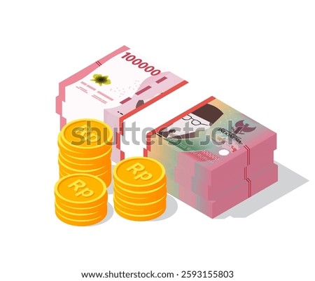 Indonesian rupiah. Stack of cash money : paper banknote and golden coin. 3D isometric illustration. Isolated vector for banner, poster, presentation, infographic, website, apps, maps, and other uses.