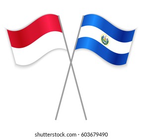 Indonesian and Salvadoran crossed flags. Indonesia combined with El Salvador isolated on white. Language learning, international business or travel concept.