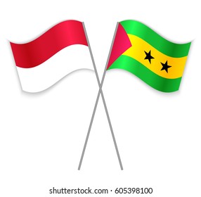 Indonesian and Sao Tomean crossed flags. Indonesia combined with Sao Tome and Principe isolated on white. Language learning, international business or travel concept.