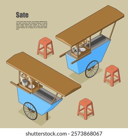 Indonesian Satay madura Street Hawker in Isometric Vector Image.