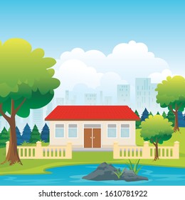 Indonesian School Building with nature landscape, green yard, grass, tree, cloud, mountain and bright sky