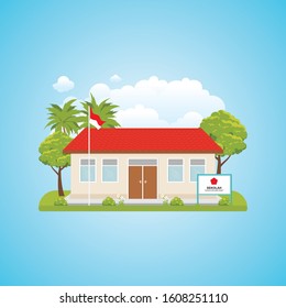 Indonesian School Classic Building Vector.  with nature landscape background, green yard, grass, tree, cloud, mountain and bright sky