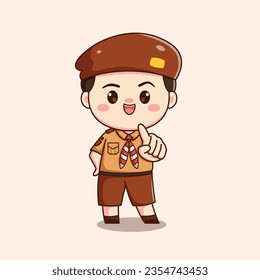 indonesian scout boy with pointing finger cute kawaii chibi character illustration