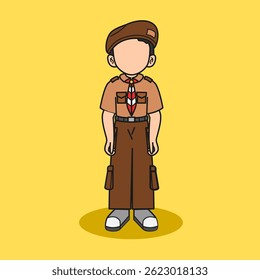 Escoteiro indonésio de pé confiante em uniforme marrom com distintivo. Fundo Amarelo. Ilustração de caracteres filhos