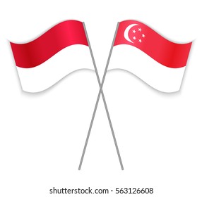 Indonesian and Singaporean crossed flags. Indonesia combined with Singapore isolated on white. Language learning, international business or travel concept.