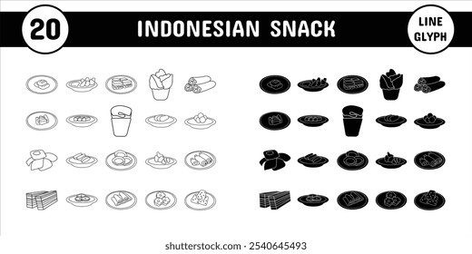 Conjunto de pegatinas de iconos de Ilustración vectorial de glifos de línea de refrigerios indonesios Materiales de diseño