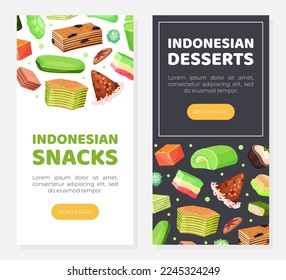Indonesian snacks web banners set. Asian Indonesian desserts mobile app cartoon vector