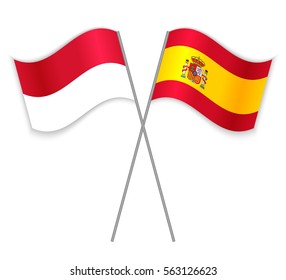 Indonesian and Spanish crossed flags. Indonesia combined with Spain isolated on white. Language learning, international business or travel concept.