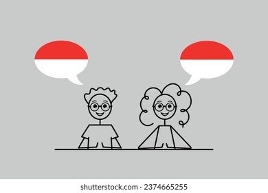 indonesian speakers, cartoon boy and girl with speech bubbles in Indonesia flag colors, learning Bahasa Indonesia language vector illustration