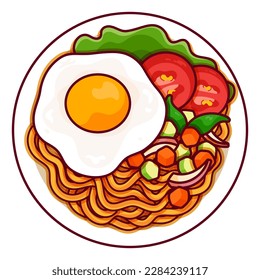 Indonesian stir fry noodles with fried egg illustration vector. Asian malaysian noodles food icon top view. 
Indonesian Mi Goreng noodles top view cartoon. 
Chinese Mee Goreng food menu icon vector.