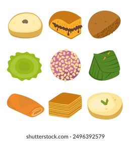 Indonesian street food desserts flat icon design, various indonesian traditional snacks vector set, kue tradisional asal indonesia
