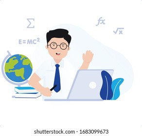 Indonesian student doing exam online, online learning course, and home work with laptop vector illustration 