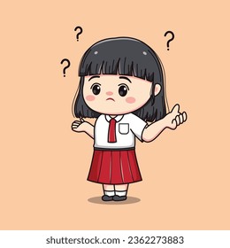 Indonesian student elementary school confused cute kawaii girl character