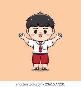 Indonesian student elementary school hands up cute kawaii boy character