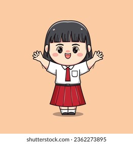 Indonesian student elementary school hands up cute kawaii girl character