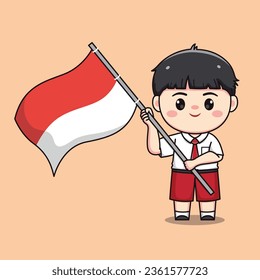 Indonesian student elementary school holding flag cute kawaii boy character
