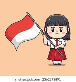 Indonesian student elementary school holding flag cute kawaii girl character