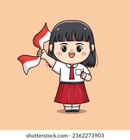 Indonesian student elementary school holding flag cute kawaii girl character