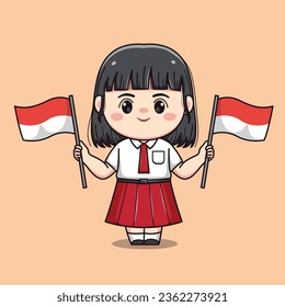 Indonesian student elementary school holding flag cute kawaii girl character