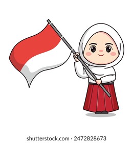 Indonesische Grundschule mit Flagge niedlichen Hijab Mädchen Charakter