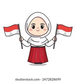 Indonesian student elementary school holding flag cute hijab girl character