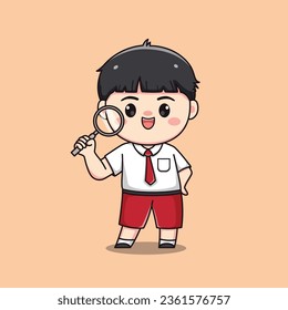 Escuela primaria de estudiantes indonesia con lupa lindo personaje kawaii lindo