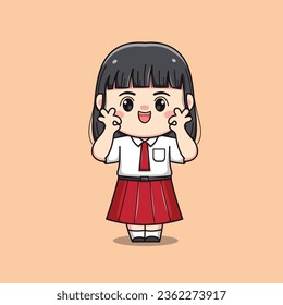 Escuela primaria de estudiantes indonesia con el signo ok del lindo personaje de chica kawaii