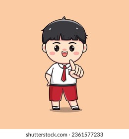 Indonesian student elementary school with pointing finger cute kawaii boy character