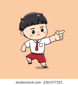 Indonesian student elementary school with pointing finger cute kawaii boy character